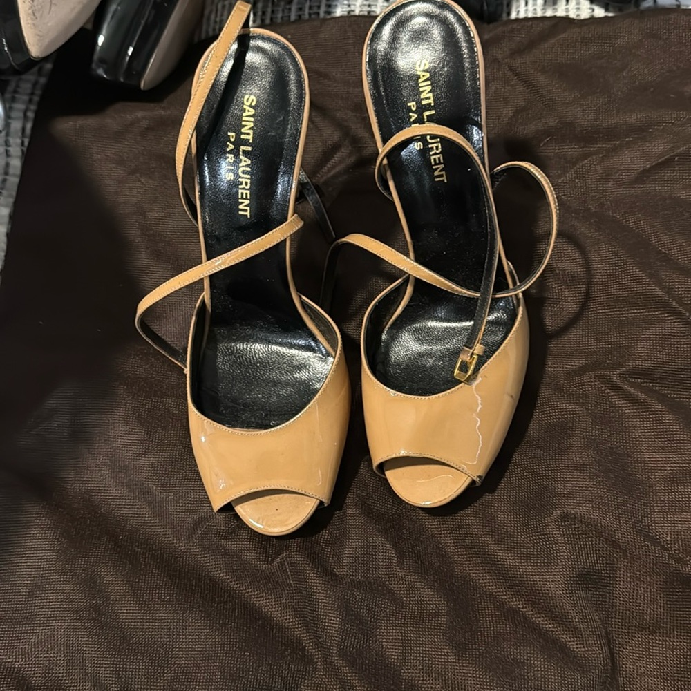 YSL tan open toe pumps